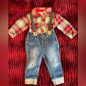 Cat & Jack Christmas Plaid Onesie with Blue Denim Pants with Suspenders
